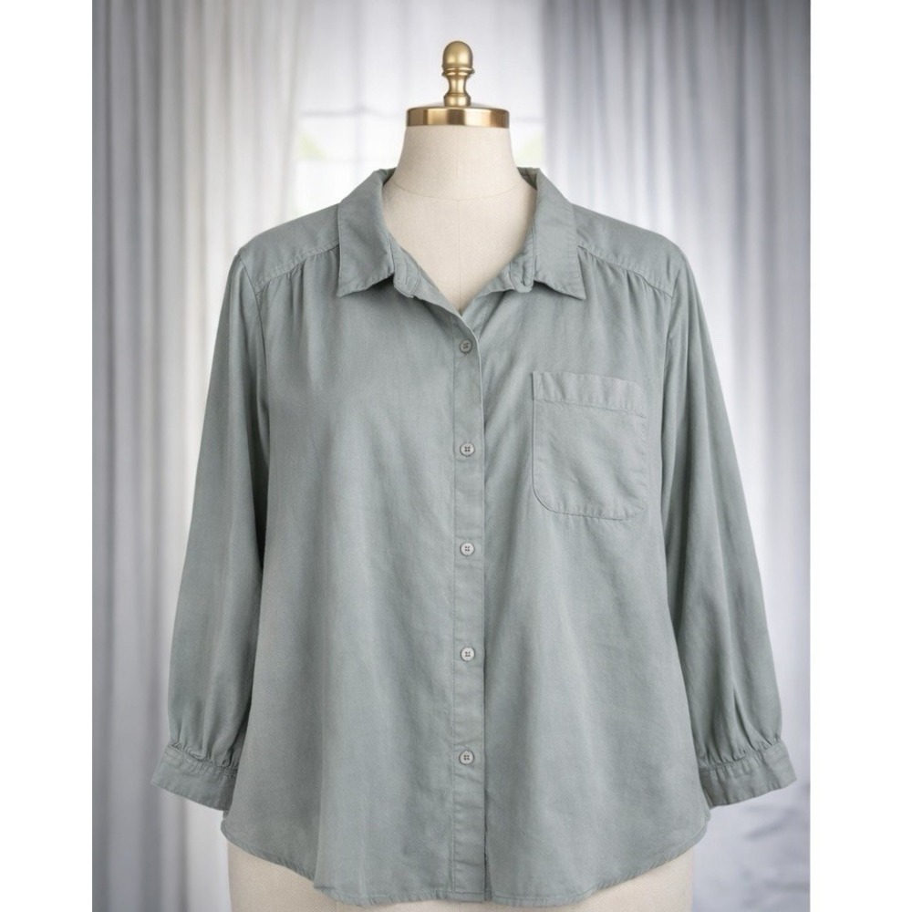 J‎ Jill Corduroy Button Up Shirt Collar Long Sleeve Green Cotton Lyocell Size XL